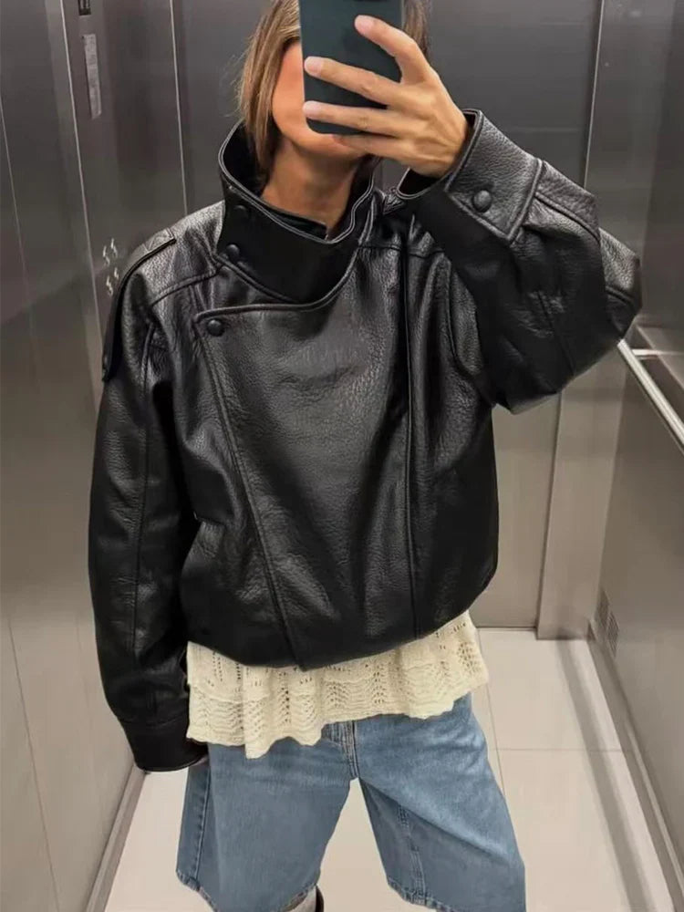 Jaqueta de Couro Feminina Oversized Estilo Motociclista em Pu Premium – Le Vie