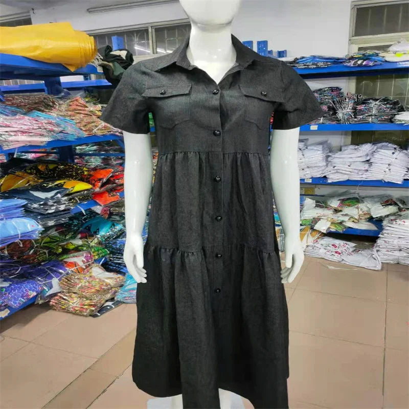 Vestido Chemise Feminino Jeans Midi com Botões e Saia Evasê em Jeans Premium – Le Vie