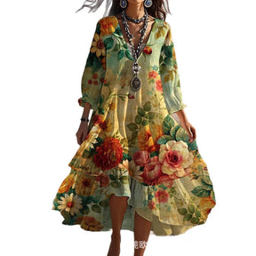 Vestido Feminino Boêmio Estampado de Manga Longa com Babado e Decote em V para Verão e Uso Casual – Le Vie