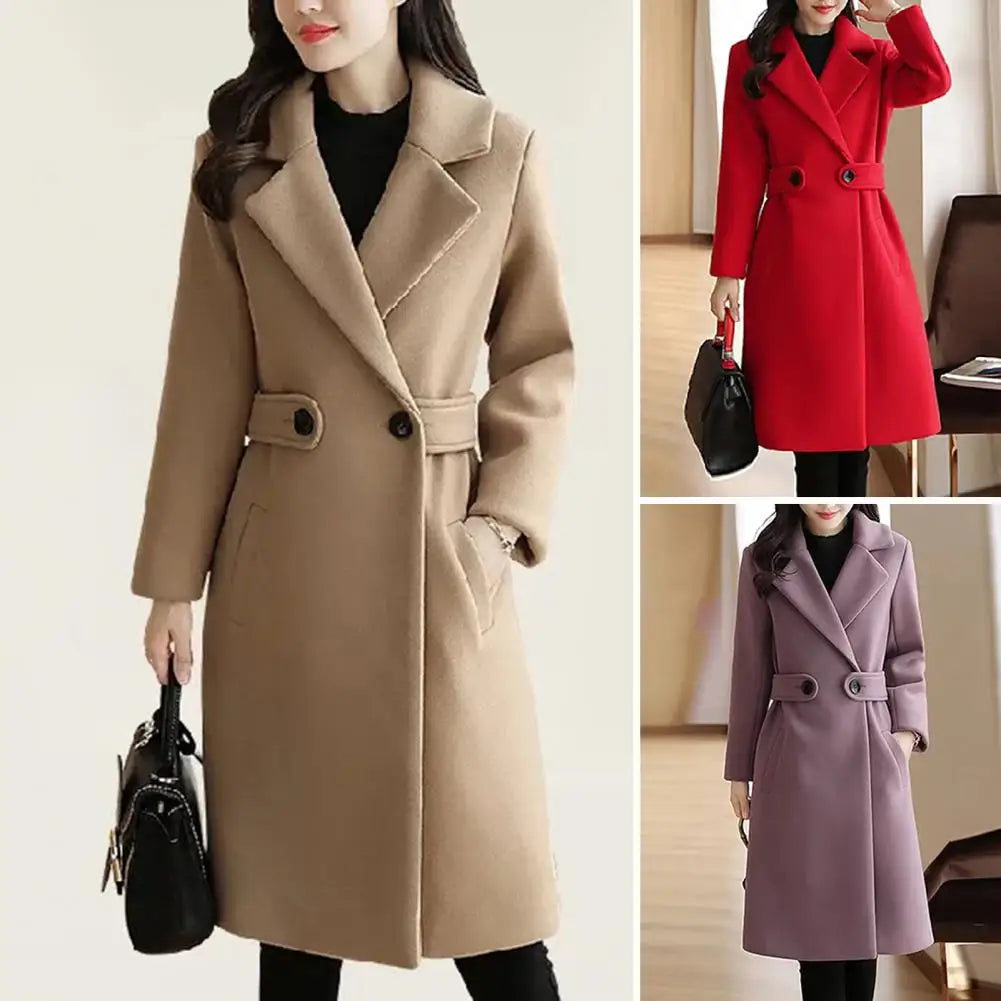 Sobretudo Feminino Elegante de Comprimento Médio com Cinto e Fecho de Botão - Gola Virada para Baixo - Outono/Inverno - Le Vie