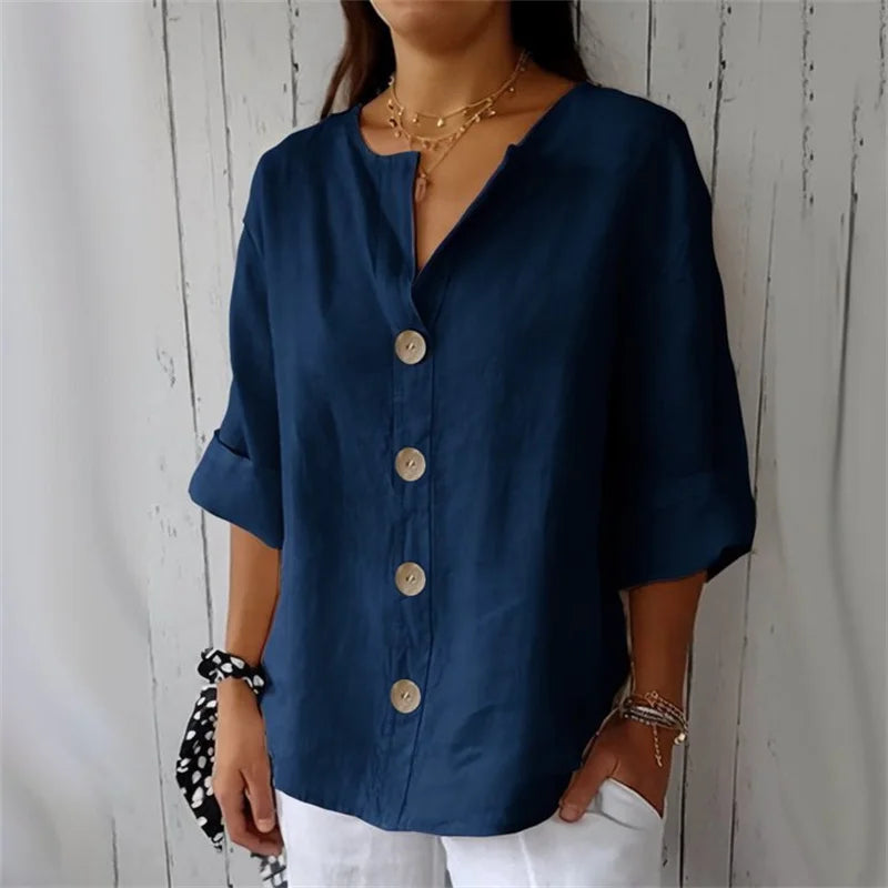 Camisa Feminina Casual Solta de Algodão e Linho com Decote em V e Botões para Escritório e Verão – Le Vie