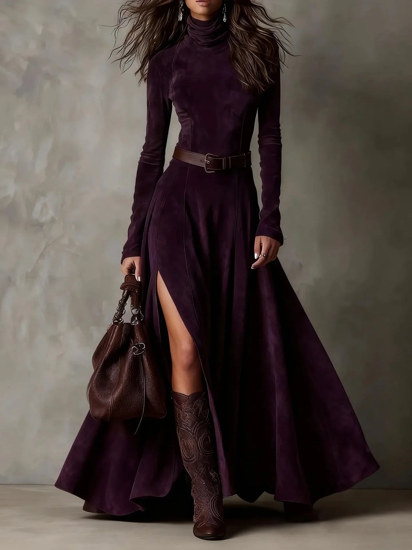 Vestido Feminino Longo de Manga Longa com Gola Alta e Fenda em Malha Premium – Le Vie