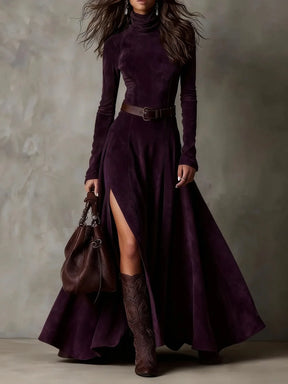 Vestido Feminino Longo de Manga Longa com Gola Alta e Fenda em Malha Premium – Le Vie