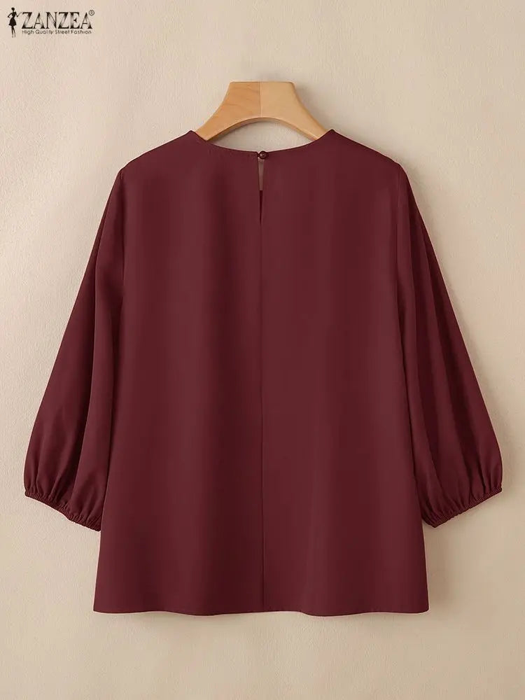 Blusa Feminina Elegante de Manga Lanterna 3/4 em Tecido Sólido para Escritório e Uso Casual Primavera Verão – Le Vie