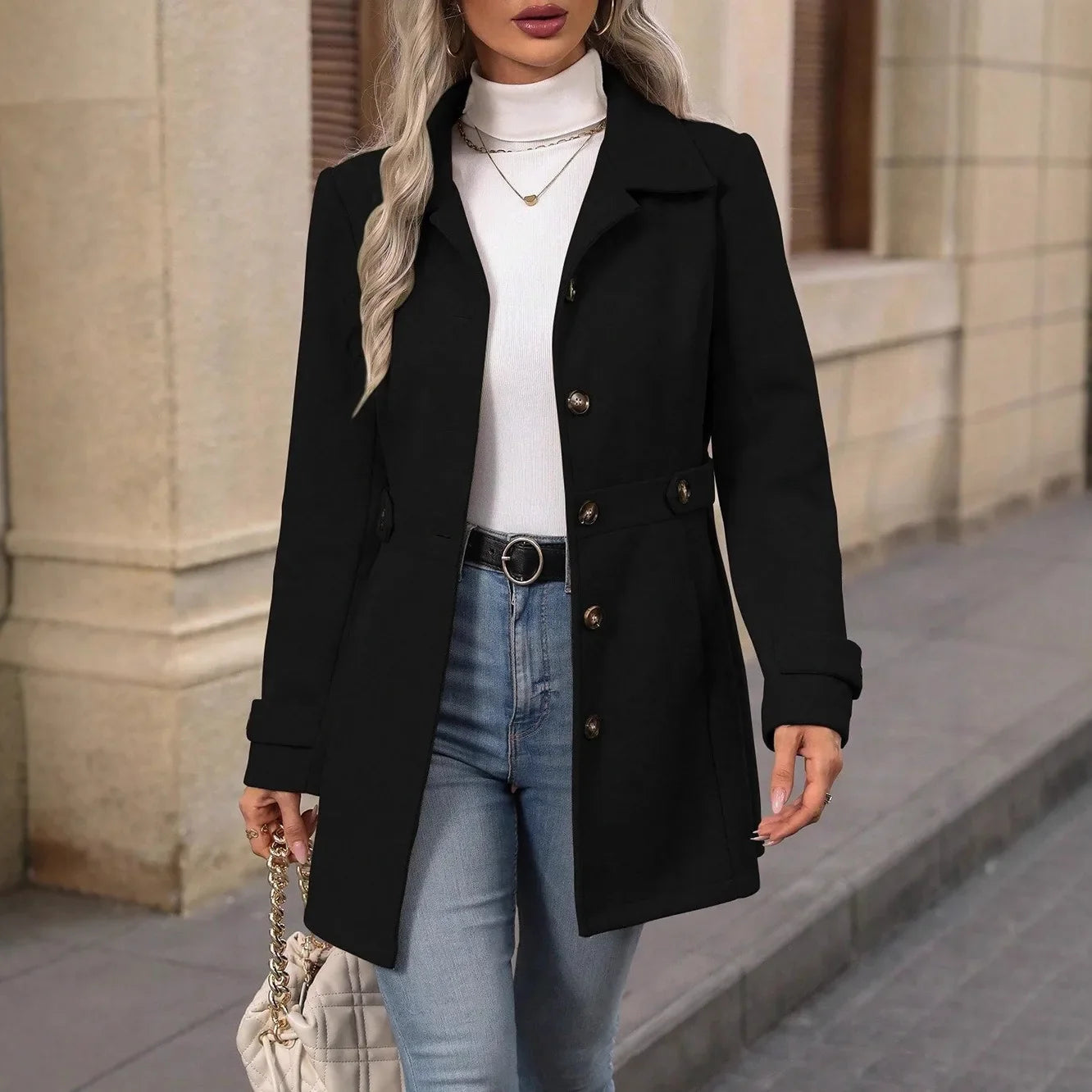 Blazer Feminino de Lã Comprimento Médio com Lapela e Botões Ajustáveis – Outono Inverno Le Vie