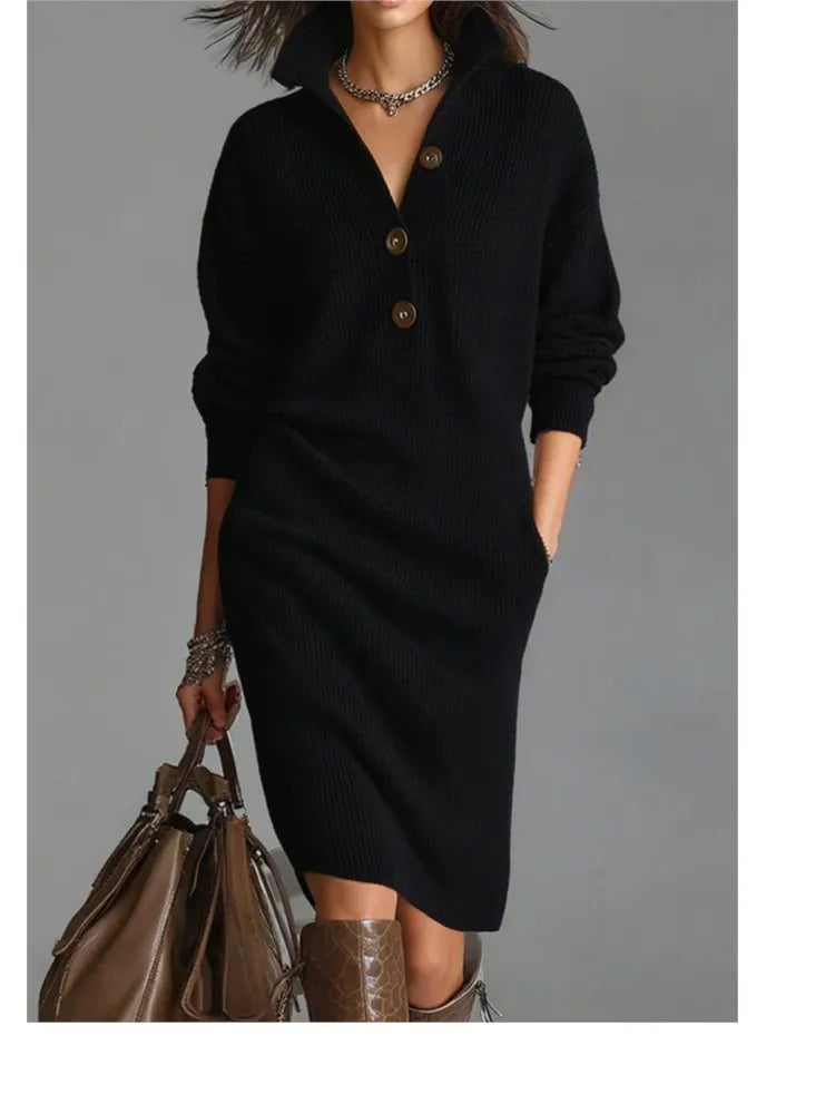 Vestido Feminino Casual de Malha com Botão e Lapela - Manga Longa, Bolsos e Modelagem Solta - Le Vie