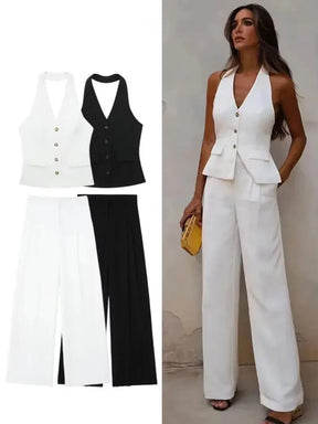 Conjunto Feminino Alfaiataria Colete Blazer Sem Mangas e Calça Pantalona em Tecido Premium – Le Vie