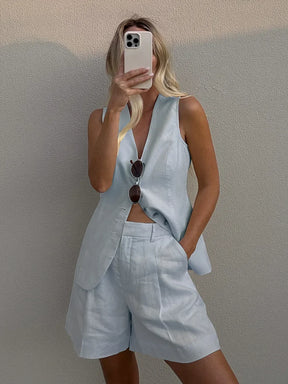 Conjunto Feminino Colete e Shorts em Linho com Algodão Premium Casual Chic – Le Vie