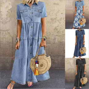 Vestido Chemise Feminino Jeans Midi com Botões e Saia Evasê em Jeans Premium – Le Vie