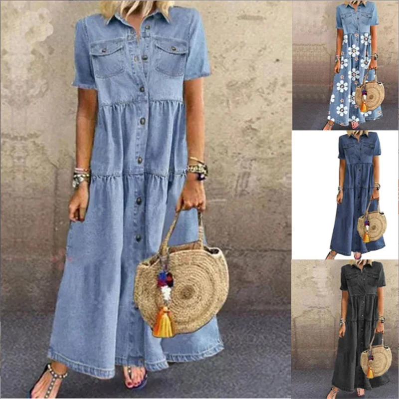 Vestido Chemise Feminino Jeans Midi com Botões e Saia Evasê em Jeans Premium – Le Vie