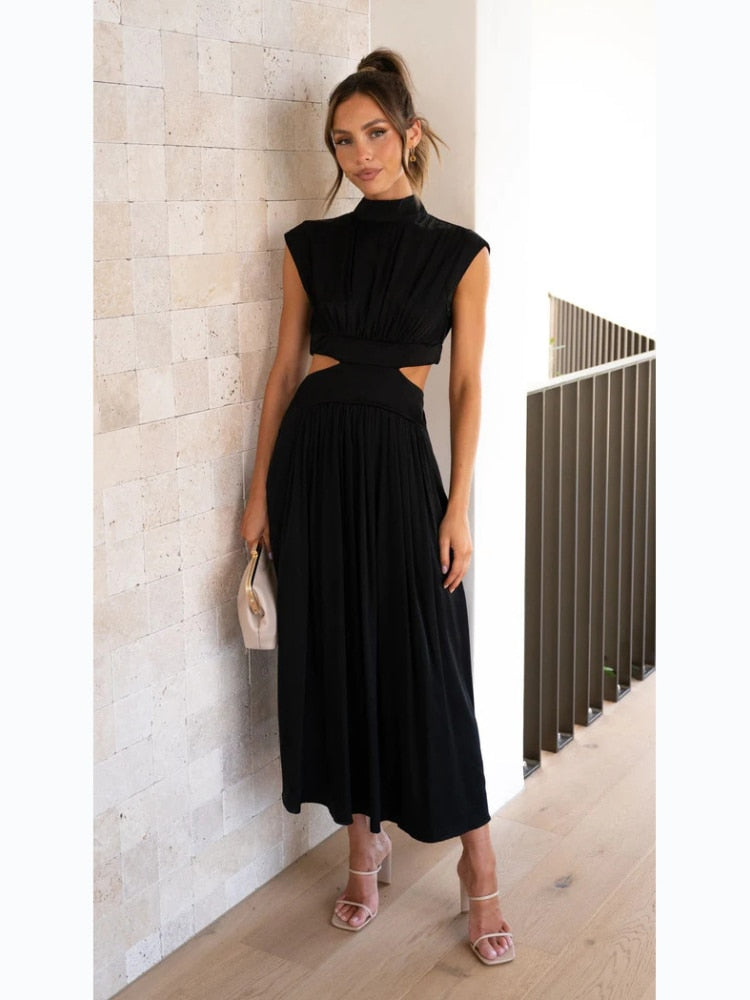 Vestido Midi com Recortes Laterais e Gola Alta – Estilo e Sofisticação
