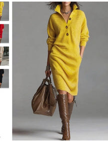 Vestido Feminino Casual de Malha com Botão e Lapela - Manga Longa, Bolsos e Modelagem Solta - Le Vie