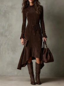 Vestido Longo Feminino de Camurça Sólida com Manga Longa e Gola Alta - Cintura Elástica e Laço - Le Vie
