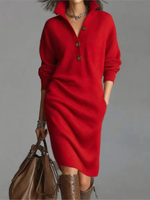 Vestido Feminino Casual de Malha com Botão e Lapela - Manga Longa, Bolsos e Modelagem Solta - Le Vie