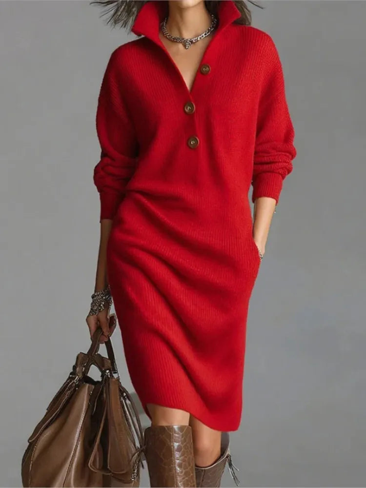 Vestido Feminino Casual de Malha com Botão e Lapela - Manga Longa, Bolsos e Modelagem Solta - Le Vie