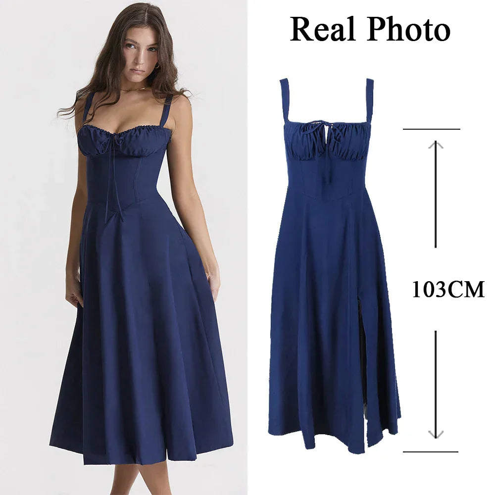 Vestido Midi Feminino com Busto Estruturado e Fenda em Tecido Leve – Le Vie
