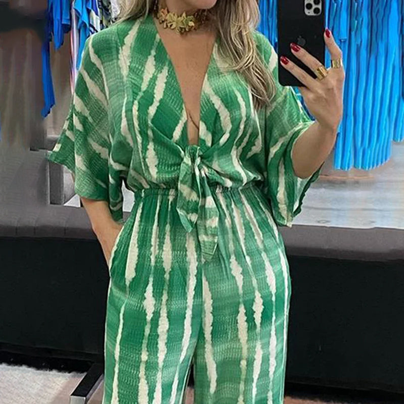 Macacão Feminino Longo Estampado Verde com Amarração Frontal – Conforto e Estilo em uma Peça Única