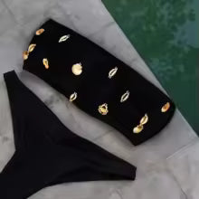 Conjunto Biquíni Feminino 3 Peças Beachwear com Maiô Um Ombro e Calça Crochê Verão