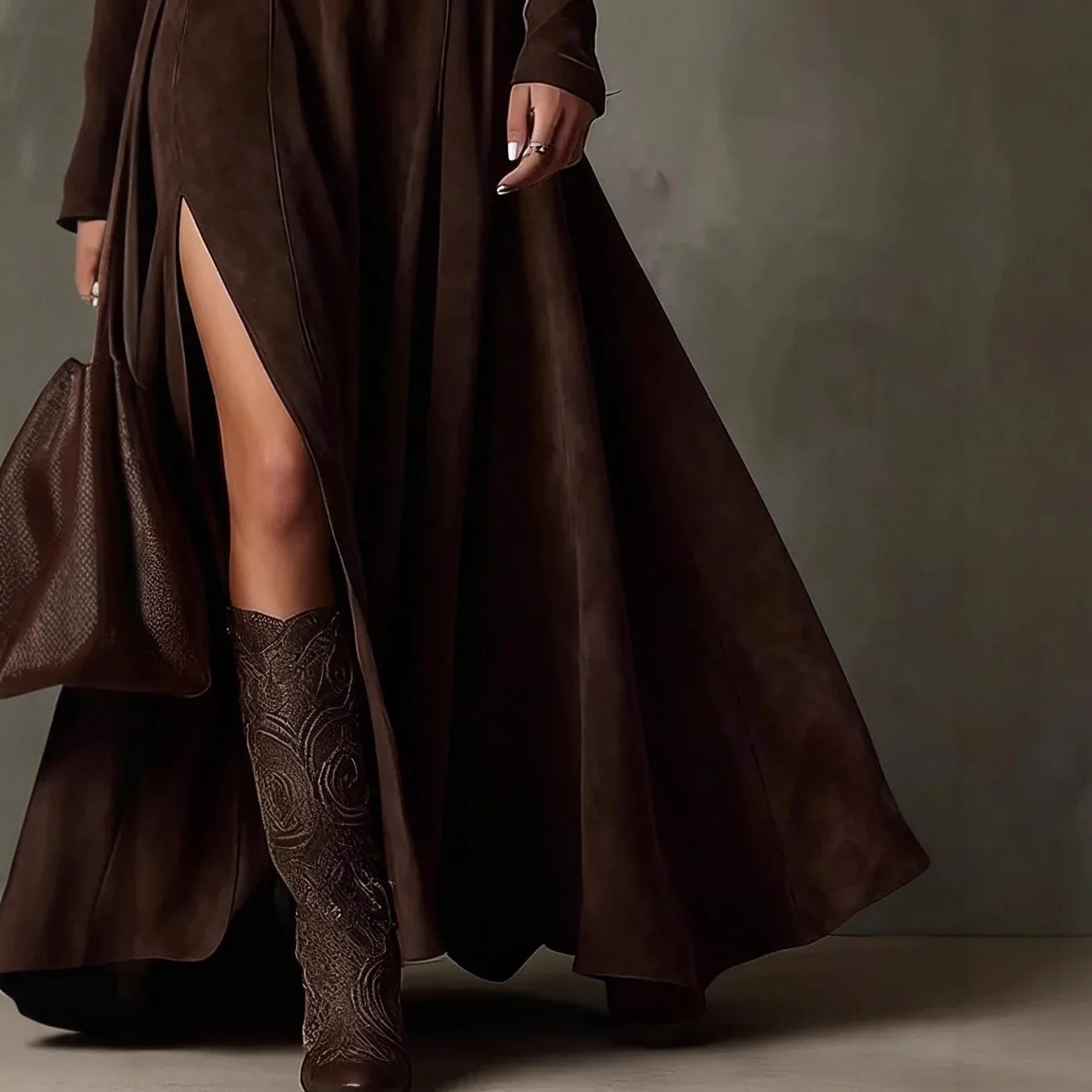 Vestido Feminino Longo de Manga Longa com Gola Alta e Fenda em Malha Premium – Le Vie