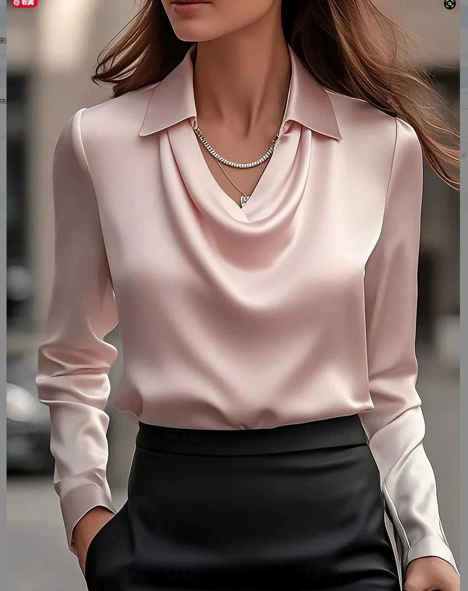 Camisa Feminina Elegante Francesa de Cetim com Botões e Manga Longa para Uso Casual e Escritório – Le Vie