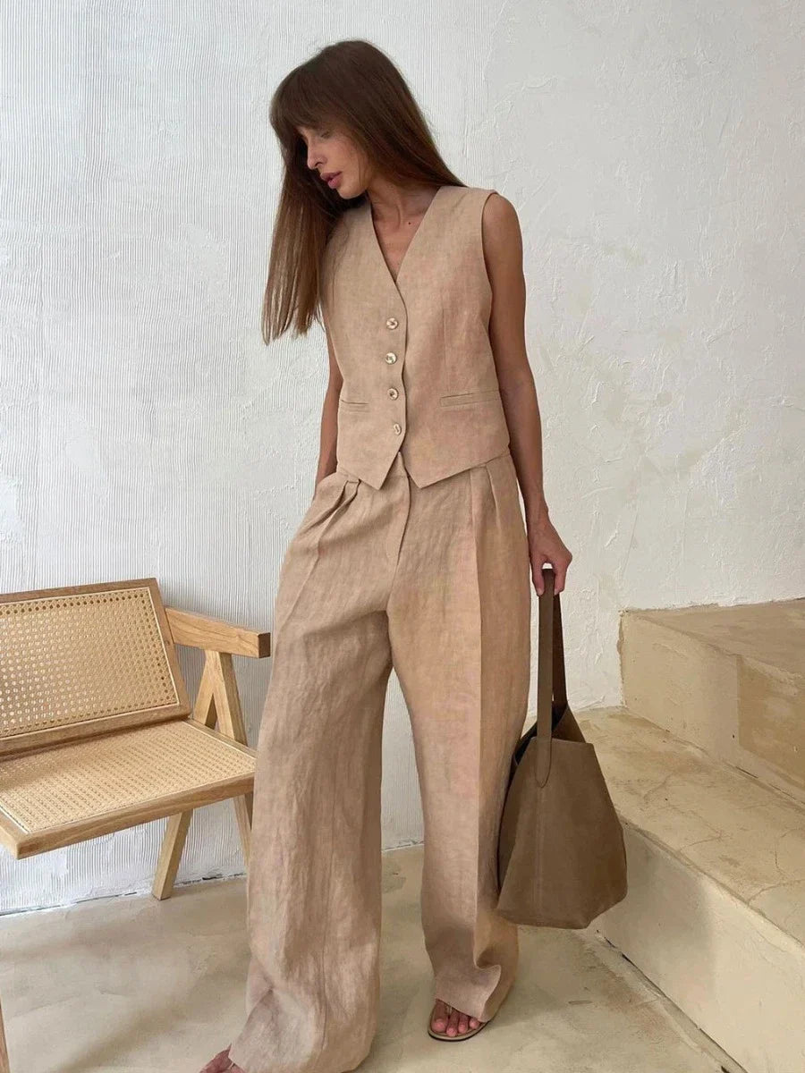 Conjunto Feminino de Colete e Calça em Linho com Algodão Premium – Le Vie