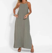 Vestido Longo Feminino com Fenda em Algodão e Linho Alças Finas – Le Vie