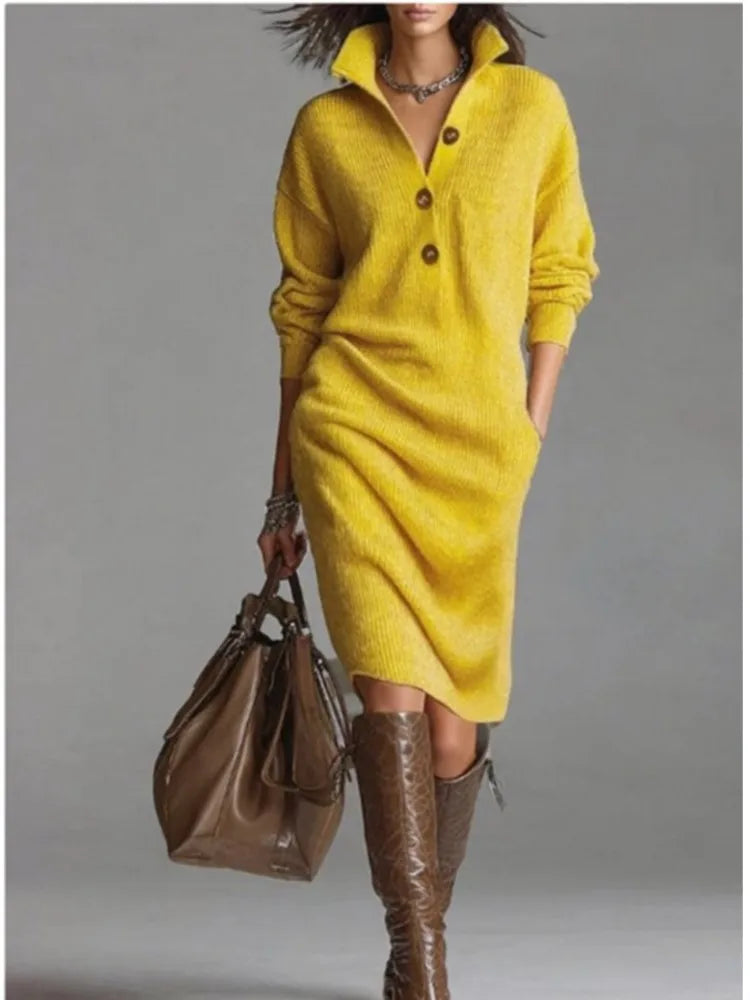 Vestido Feminino Casual de Malha com Botão e Lapela - Manga Longa, Bolsos e Modelagem Solta - Le Vie