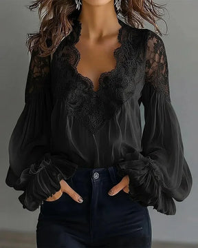 Blusa Feminina com Renda e Manga Bufante Transparente Evasê em Decote V para Primavera e Uso Casual – Le Vie