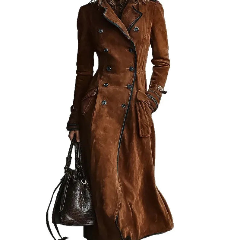 Jaqueta Feminina Longa Estilo Trench Coat em Suede com Cinto – Le Vie