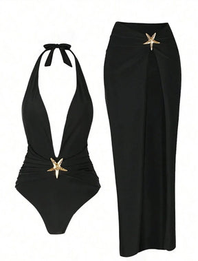 Maiô Feminino 2 Peças com Saída Longa Fendada e Detalhe Estrela do Mar em Poliéster Premium – Le Vie