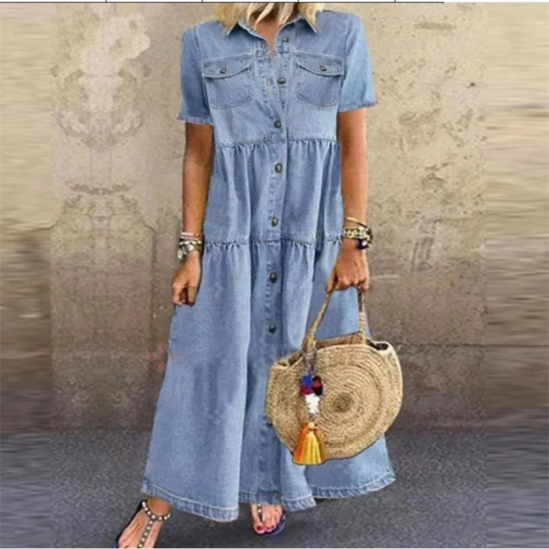 Vestido Chemise Feminino Jeans Midi com Botões e Saia Evasê em Jeans Premium – Le Vie