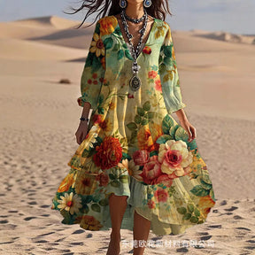 Vestido Feminino Boêmio Estampado de Manga Longa com Babado e Decote em V para Verão e Uso Casual – Le Vie