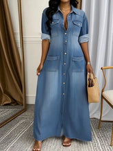 Vestido Feminino Casual em Denim com Manga Longa e Gola Turn-Down Botão para Escritório e Primavera – Le Vie