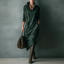 Vestido Feminino Vintage de Camurça Sólida com Colarinho Turn-Down e Botões - Pulôver de Inverno - Manga Longa - Le Vie