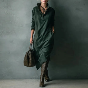 Vestido Feminino Vintage de Camurça Sólida com Colarinho Turn-Down e Botões - Pulôver de Inverno - Manga Longa - Le Vie