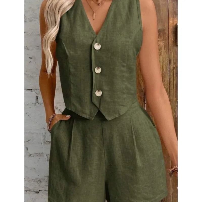 Conjunto Feminino de Colete e Shorts em Linho com Algodão Premium – Le Vie