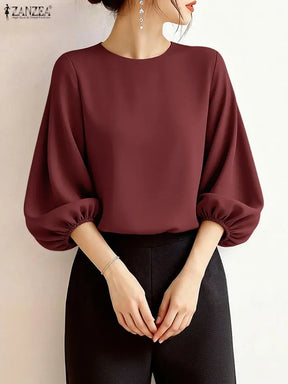 Blusa Feminina Elegante de Manga Lanterna 3/4 em Tecido Sólido para Escritório e Uso Casual Primavera Verão – Le Vie