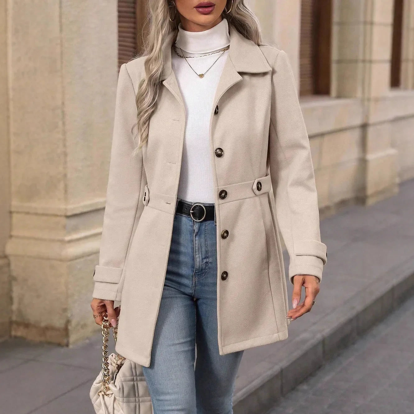 Blazer Feminino de Lã Comprimento Médio com Lapela e Botões Ajustáveis – Outono Inverno Le Vie