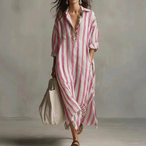 Vestido Feminino Listrado de Verão com Lapela Bolso e Fenda Lateral Corte Solto Manga Longa Estilo Europeu – Le Vie