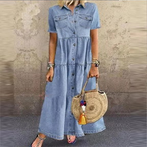 Vestido Chemise Feminino Jeans Midi com Botões e Saia Evasê em Jeans Premium – Le Vie