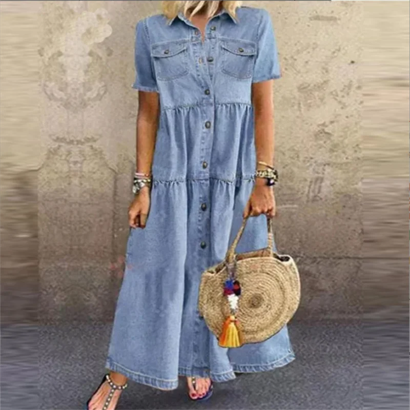 Vestido Chemise Feminino Jeans Midi com Botões e Saia Evasê em Jeans Premium – Le Vie
