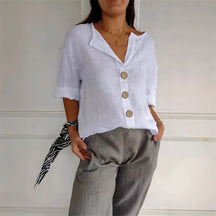 Camisa Feminina Casual Solta de Algodão e Linho com Decote em V e Botões para Escritório e Verão – Le Vie
