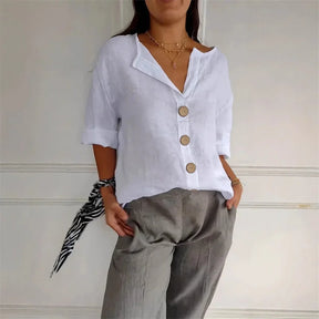 Camisa Feminina Casual Solta de Algodão e Linho com Decote em V e Botões para Escritório e Verão – Le Vie