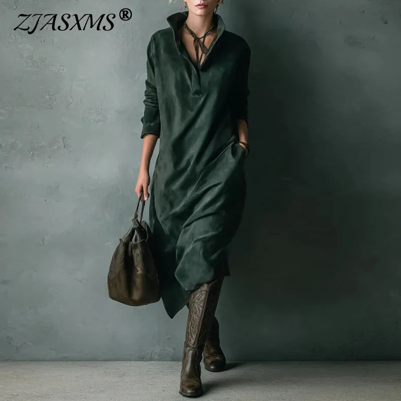 Vestido Feminino Vintage de Camurça Sólida com Colarinho Turn-Down e Botões - Pulôver de Inverno - Manga Longa - Le Vie