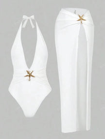 Maiô Feminino 2 Peças com Saída Longa Fendada e Detalhe Estrela do Mar em Poliéster Premium – Le Vie