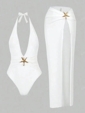 Maiô Feminino 2 Peças com Saída Longa Fendada e Detalhe Estrela do Mar em Poliéster Premium – Le Vie