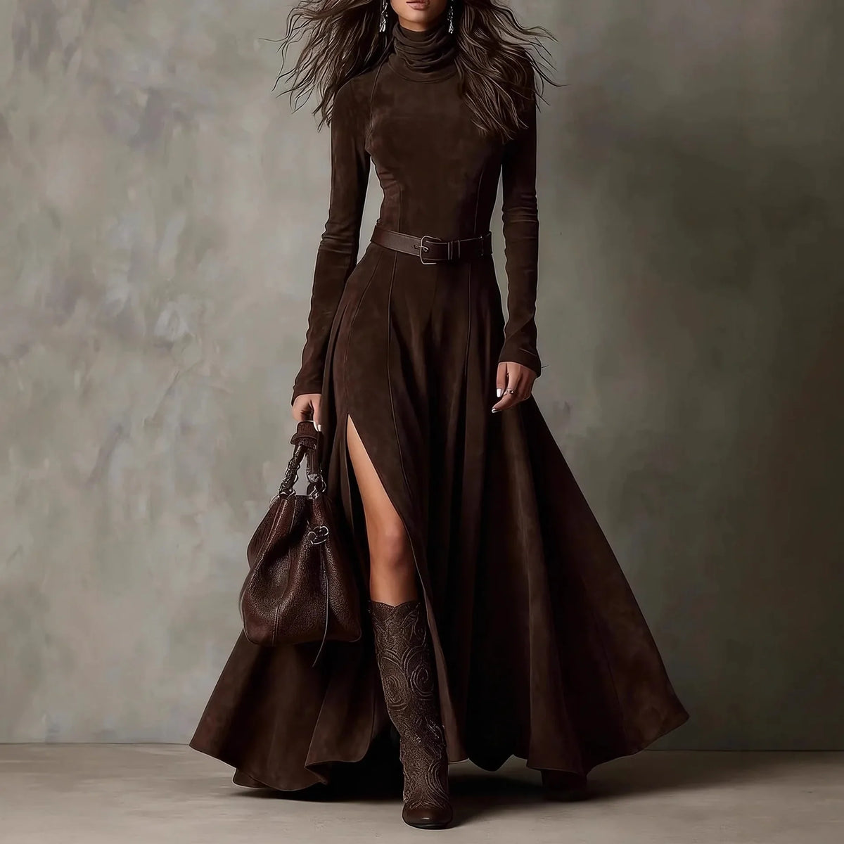 Vestido Feminino Longo de Manga Longa com Gola Alta e Fenda em Malha Premium – Le Vie