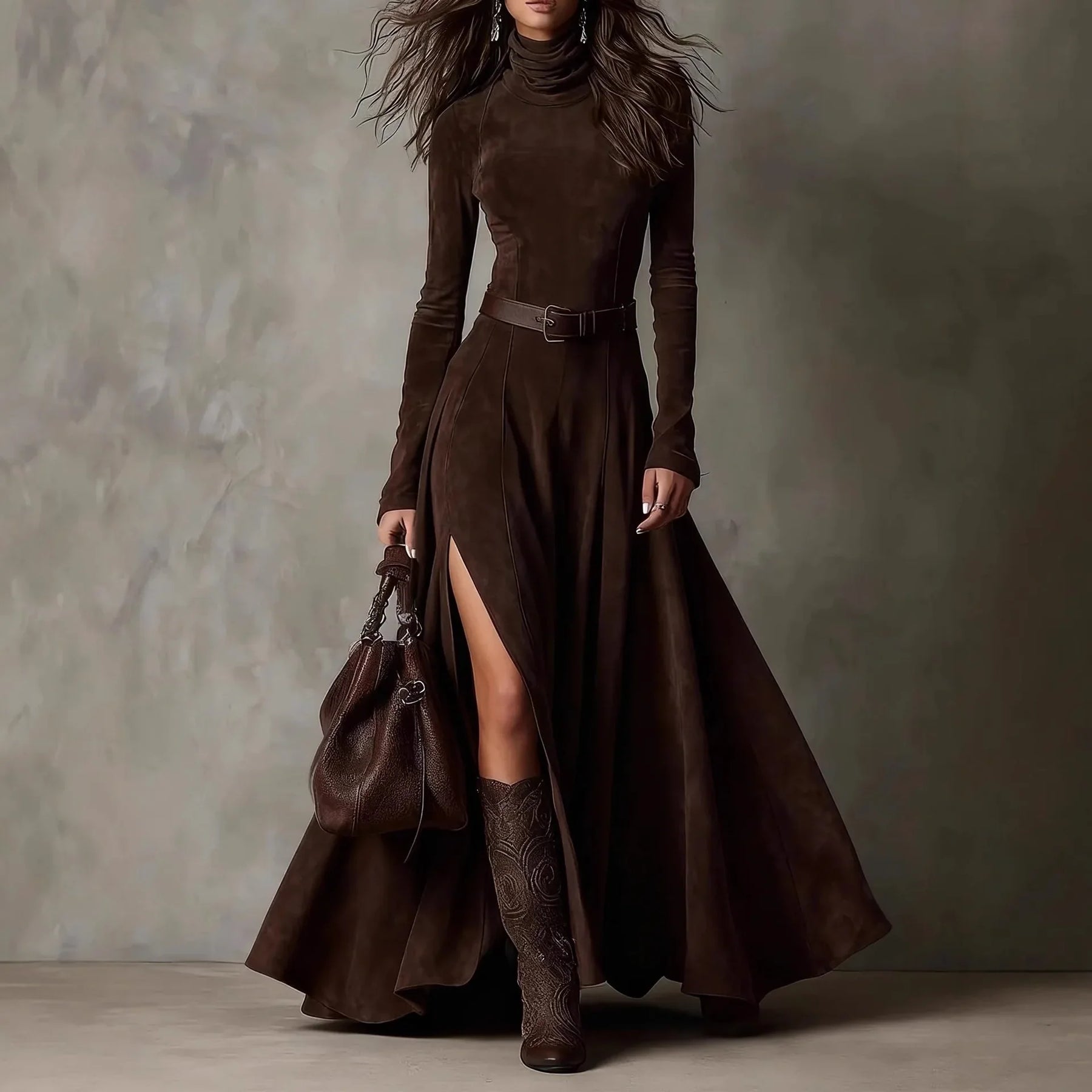 Vestido Feminino Longo de Manga Longa com Gola Alta e Fenda em Malha Premium – Le Vie