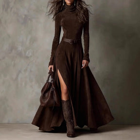 Vestido Feminino Longo de Manga Longa com Gola Alta e Fenda em Malha Premium – Le Vie