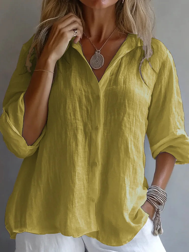 Blusa Feminina Casual de Manga Longa em Linho com Gola Virada e Corte Solto para Verão e Uso Diário – Le Vie